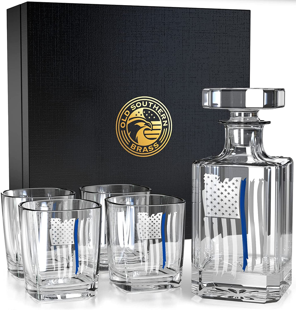 Thin Blue Line Police American Flag Decanter Whiskey Glass Gift Set 
