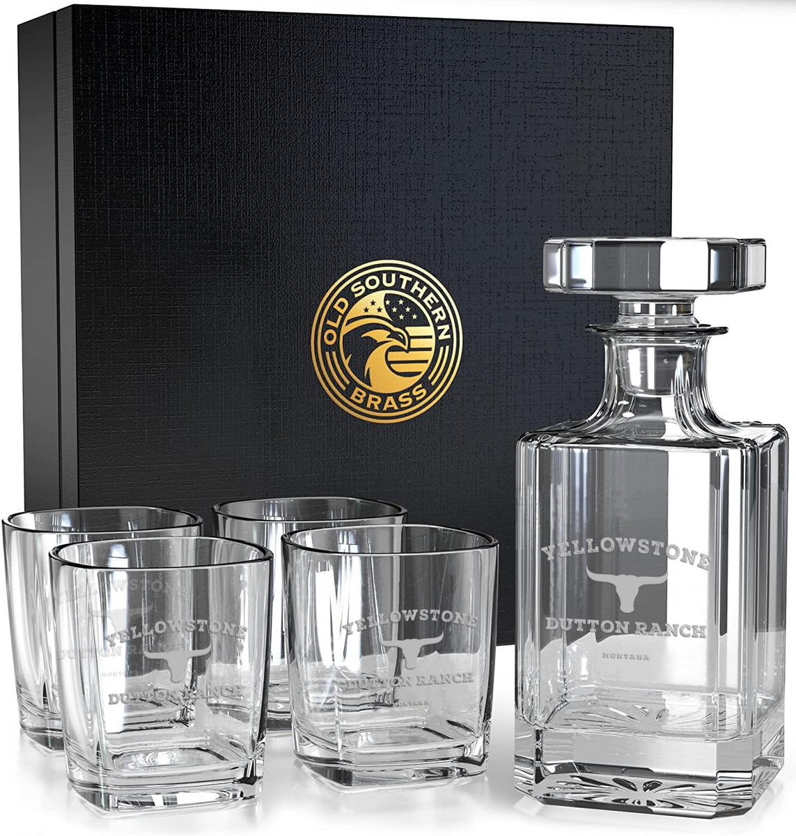 Yellowstone Dutton Ranch Decanter Whiskey Glass Gift Set - 5 Piece Set