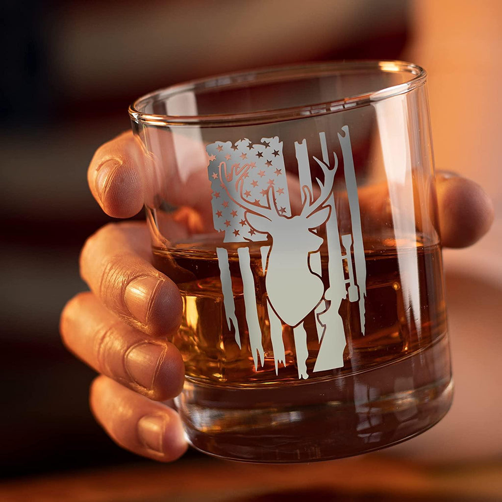 Old Fashioned Whiskey Rocks Bourbon Glass with logo of Deer Hunter American Flag