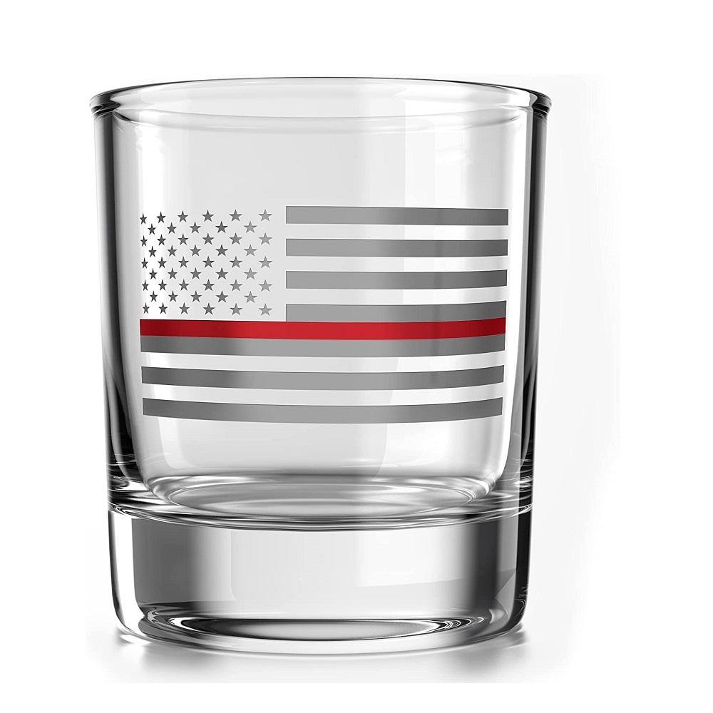 Thin Red Line Fire Fighter American Flag - Old Fashioned Whiskey Rocks Bourbon Glass - 10 oz capacity