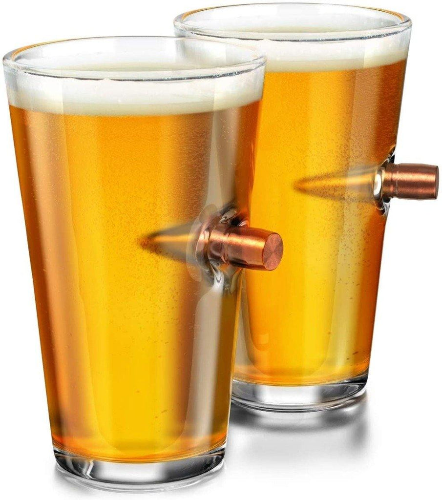 set of 2 Pint Glass 50 Caliber Real Solid Copper Projectile