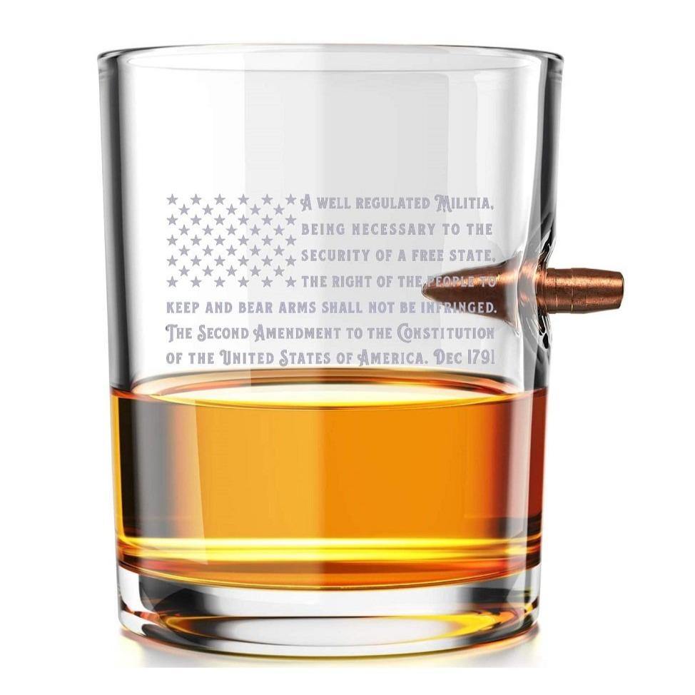 2nd Amendment American Flag - .308 Real Solid Copper Projectile Hand Blown Old Fashioned Whiskey Rocks Glass