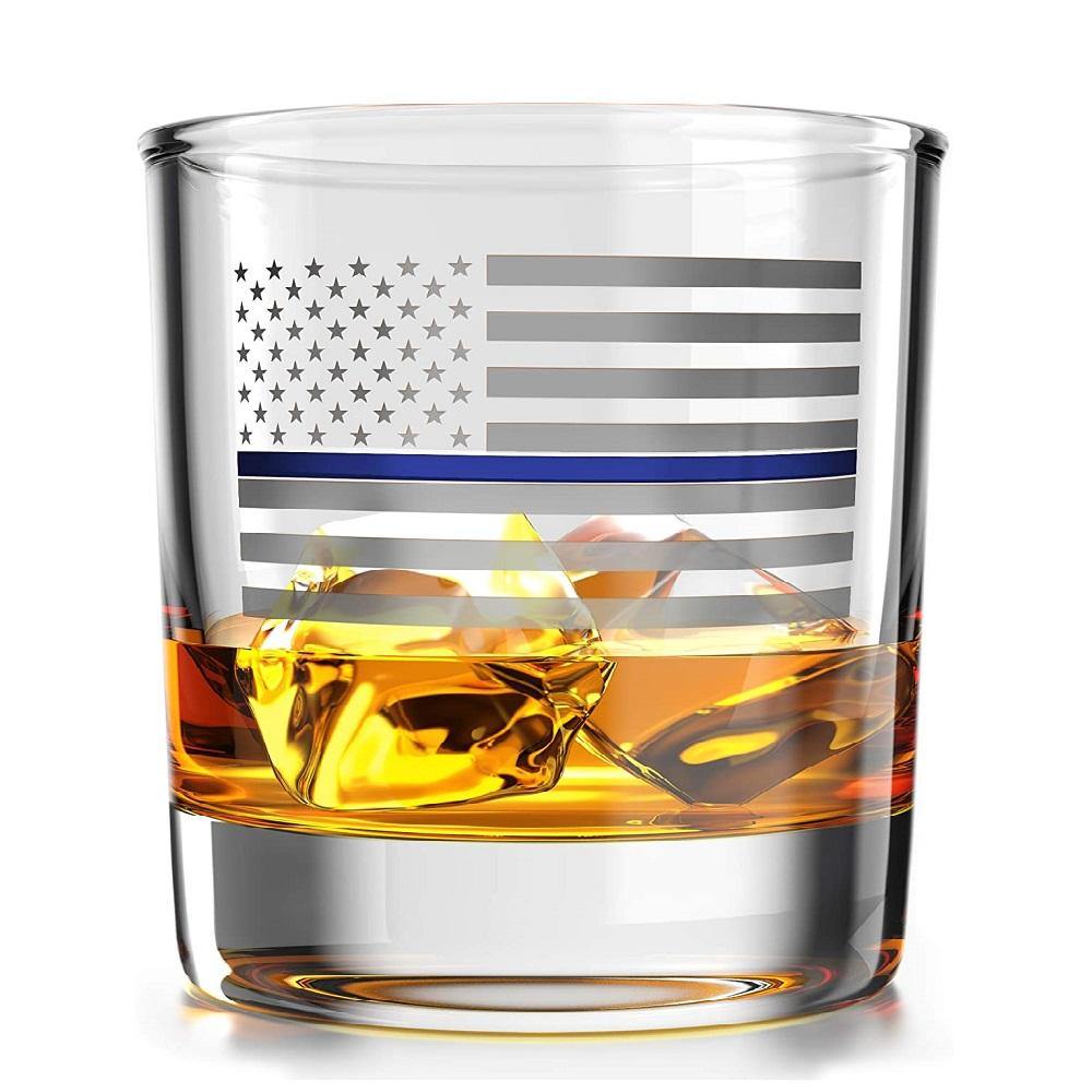 Thin Blue Line American Flag - Old Fashioned Whiskey Rocks Bourbon Glass - 10 oz capacity
