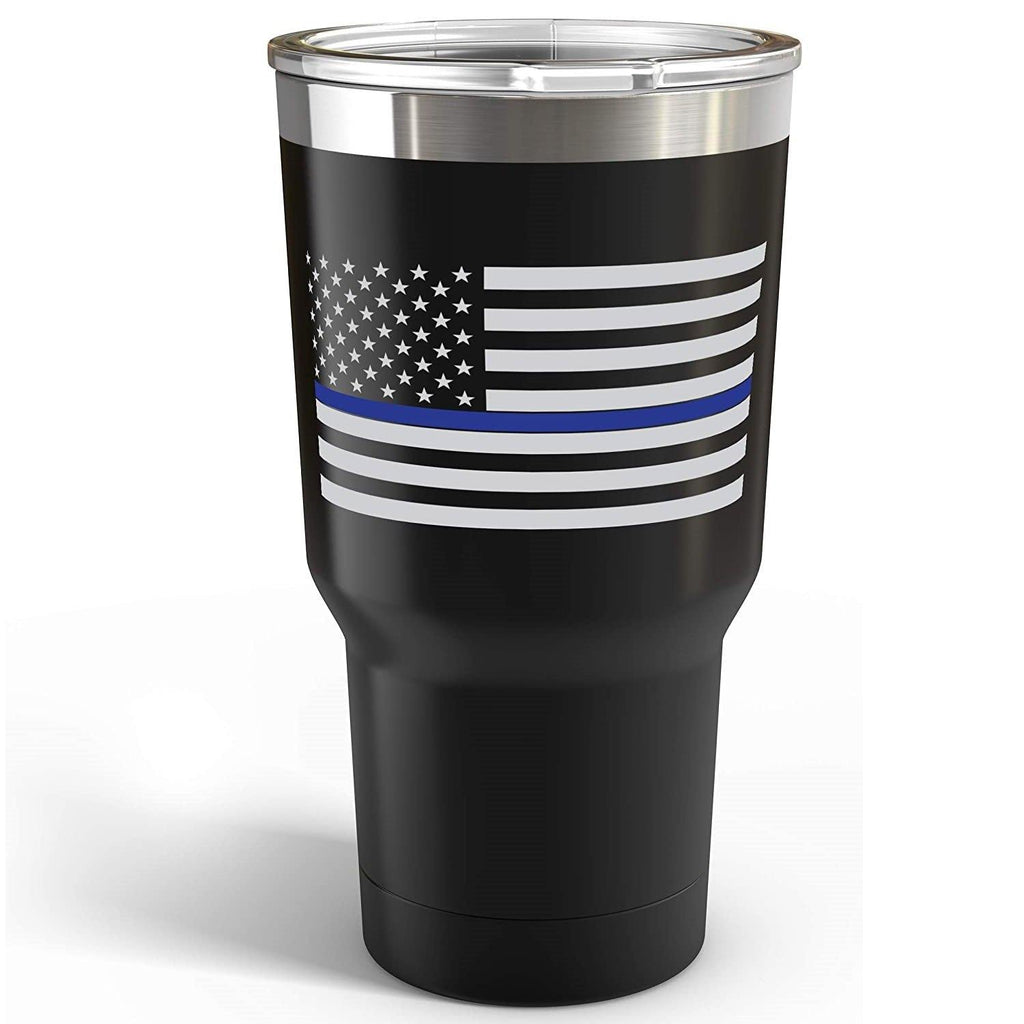 Thin Blue Line American Flag - Stainless Steel Double Wall 30oz Travel Tumbler Mug