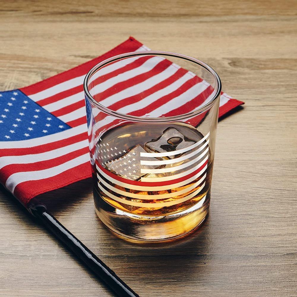 whiskey rocks glass with Thin Red Line Fire Fighter American Flag