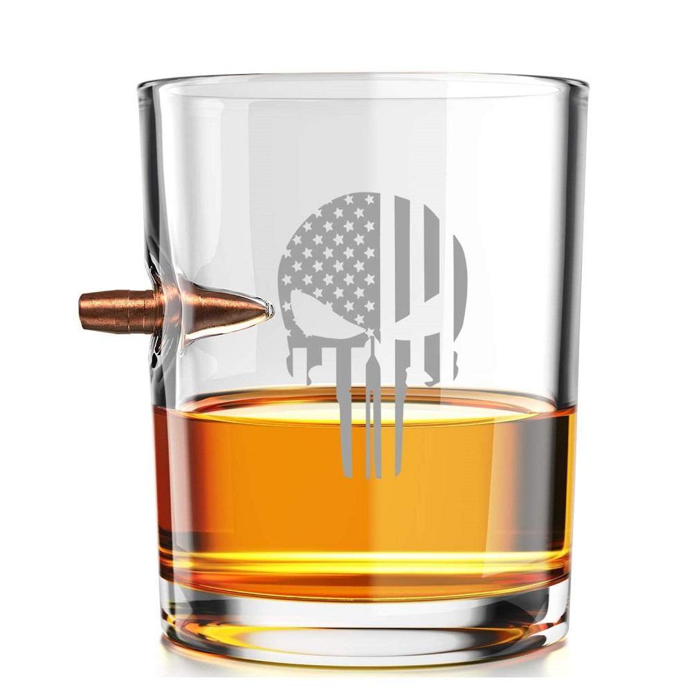 Punisher Flag - .308 Real Solid Copper Projectile Hand Blown Old Fashioned Whiskey Rocks Glass