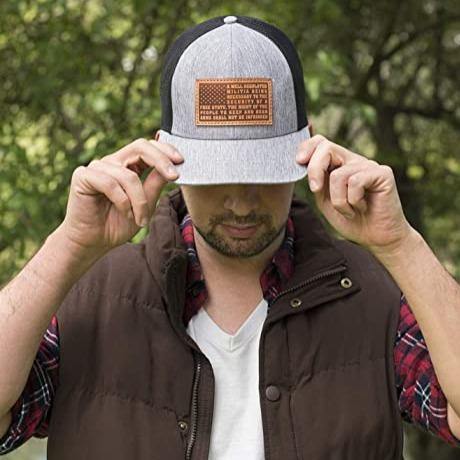 2A Patriotic Amendment Leather Patch Premium Modern Trucker Hat - Embroidered in The USA Heathered Grey - Old Southern Brass