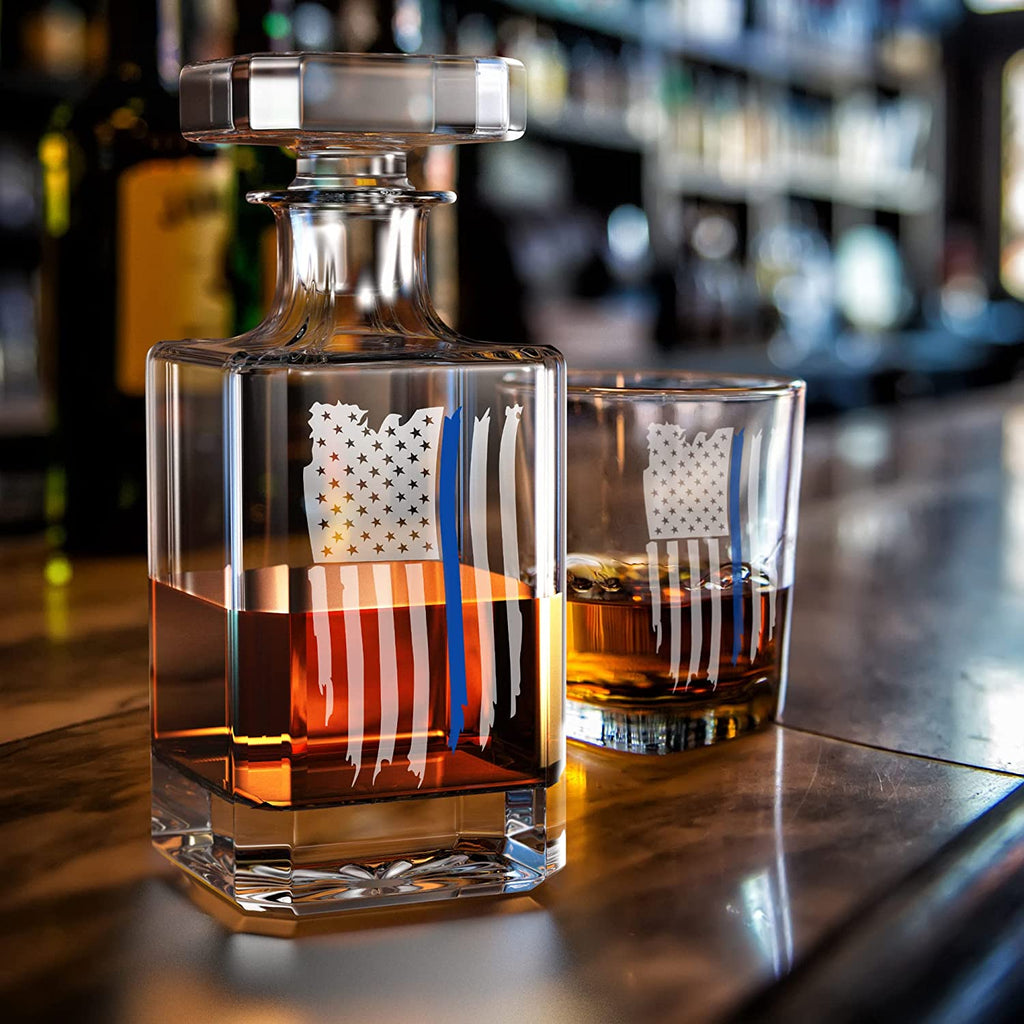 Thin Blue Line Police American Flag Decanter and Glass with whiskey