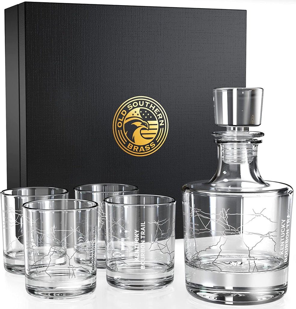 Kentucky Bourbon Trail Decanter Whiskey Glass Gift Set - 5 Piece Set - Premium Gift Box - USA Made Glasses
