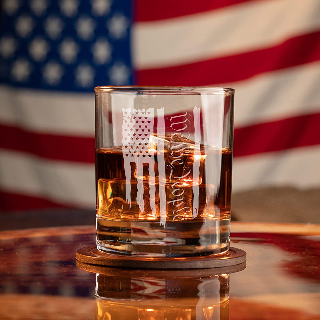 We The People Patriotic American Flag - Old Fashioned Whiskey Rocks Bourbon Glass with whiskey