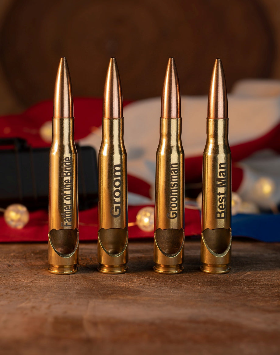 50 Caliber BMG Authentic Brass Bottle Opener - Engraved with Groomsman